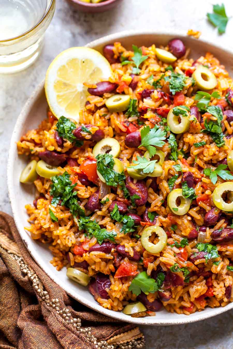 Spanish Beans and Rice topped with olives and parsley
