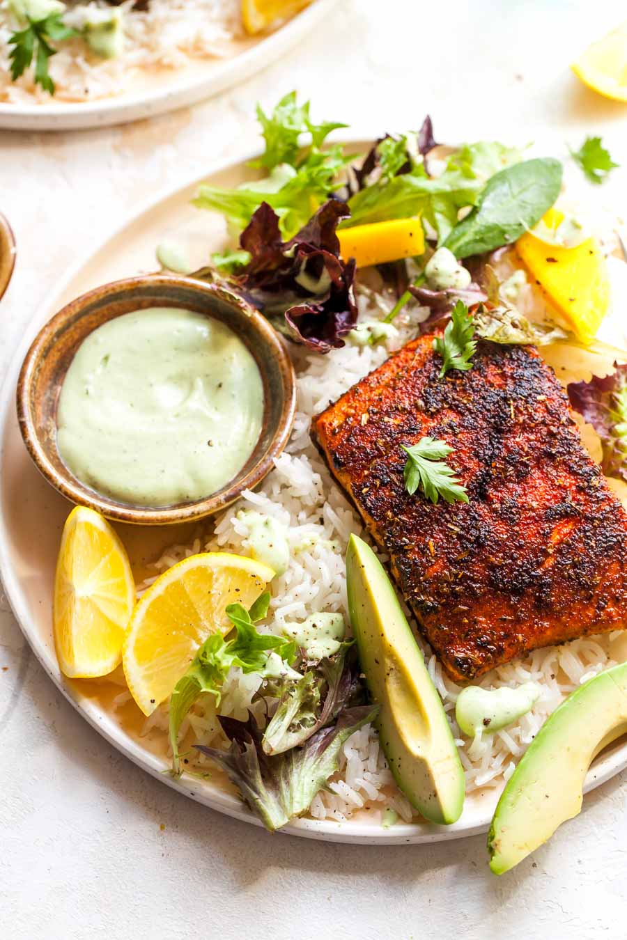 Coconut rice and yogurt sauce shown with salmon