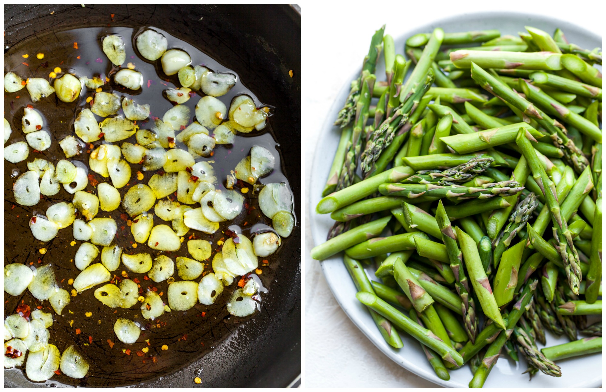 Sautéed garlic in a pan and chopped asparagus