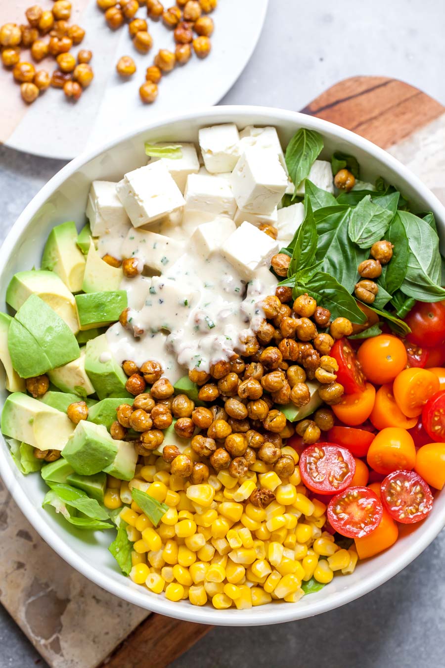 Chickpea salad ingredients in a bowl