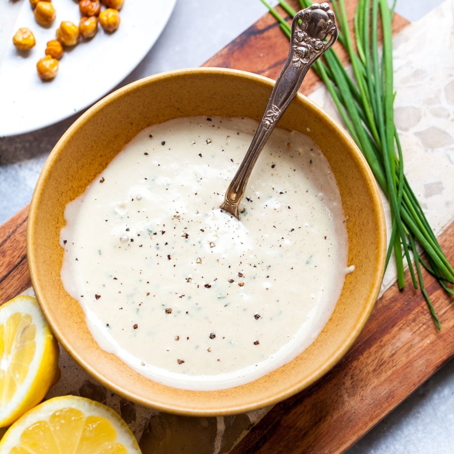 Tahini-herb dressing in a bowl