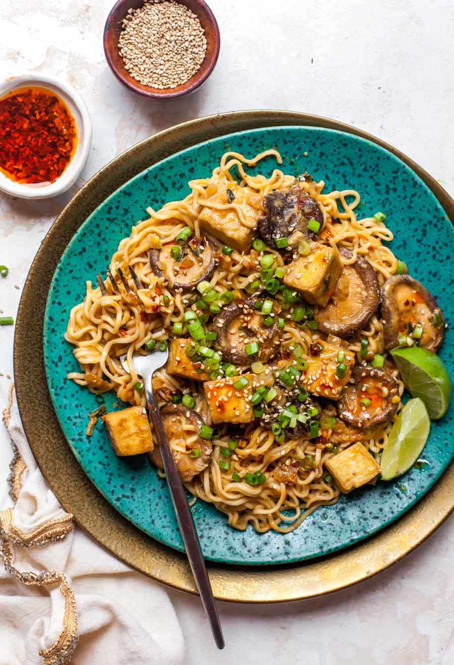 Homemade ramen noodles with sesame sauce and crispy tofu