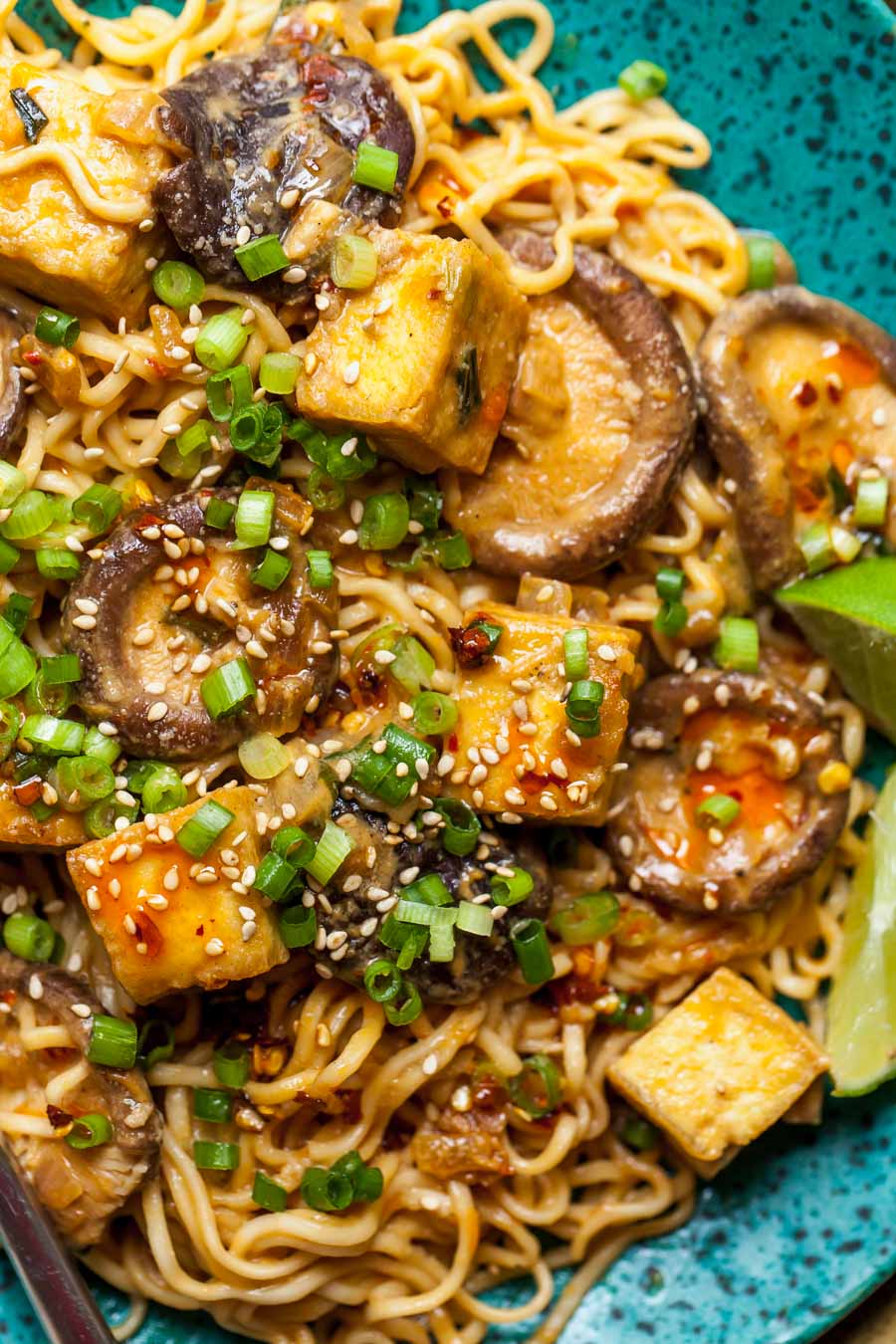 Shiitake mushrooms and crispy tofu in vegan ramen