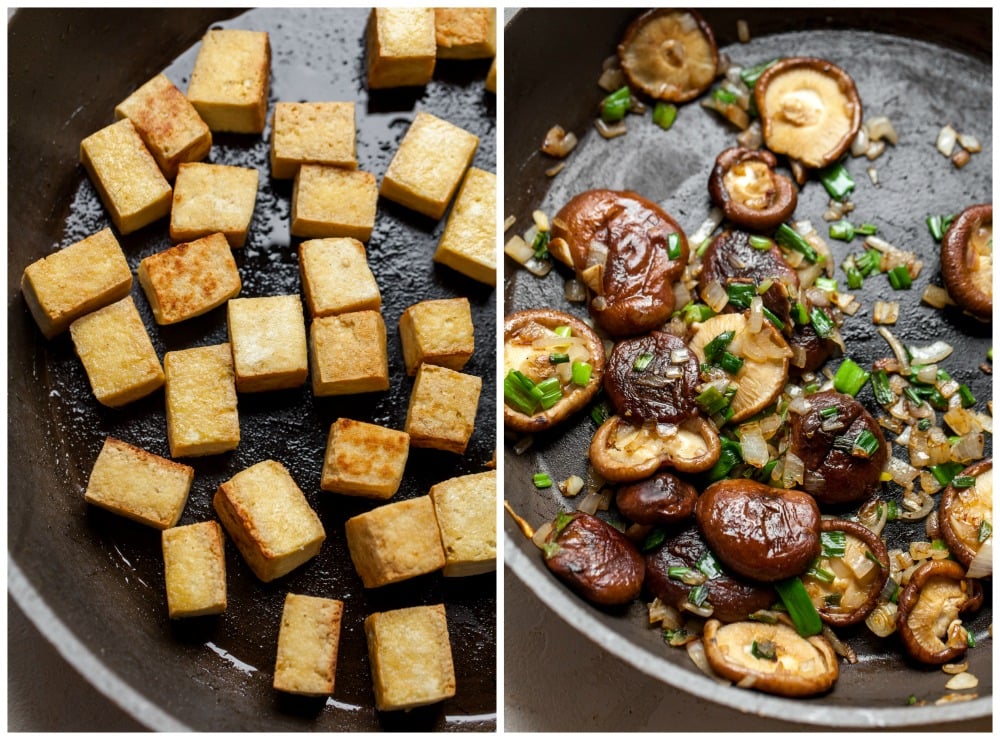 In-process images showing crispy tofu and sautéed mushrooms