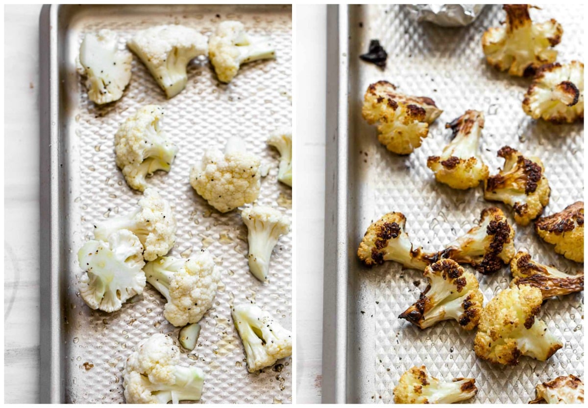 Roasted cauliflower florets on a sheet pan