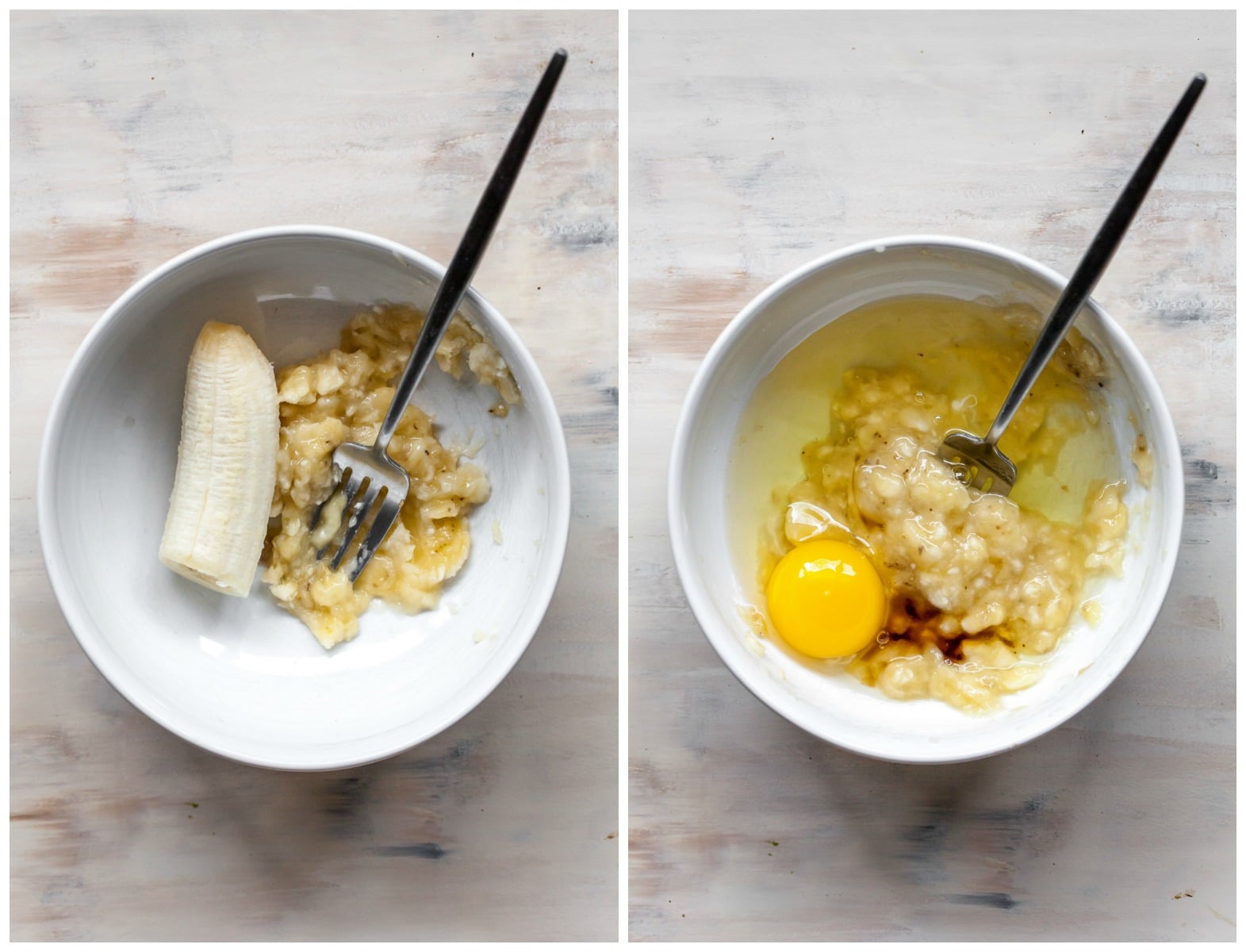 Two bowls showing mashed banana, and then egg and egg white being mixed in