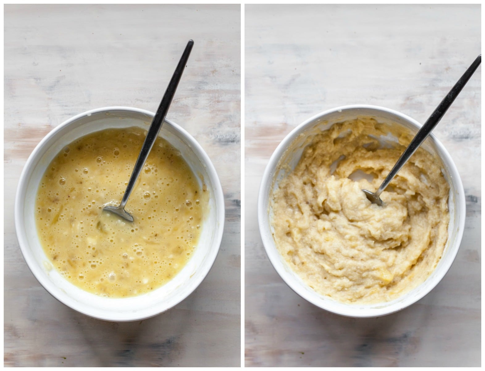 Two bowls showing pancake batter being mixed together with a fork