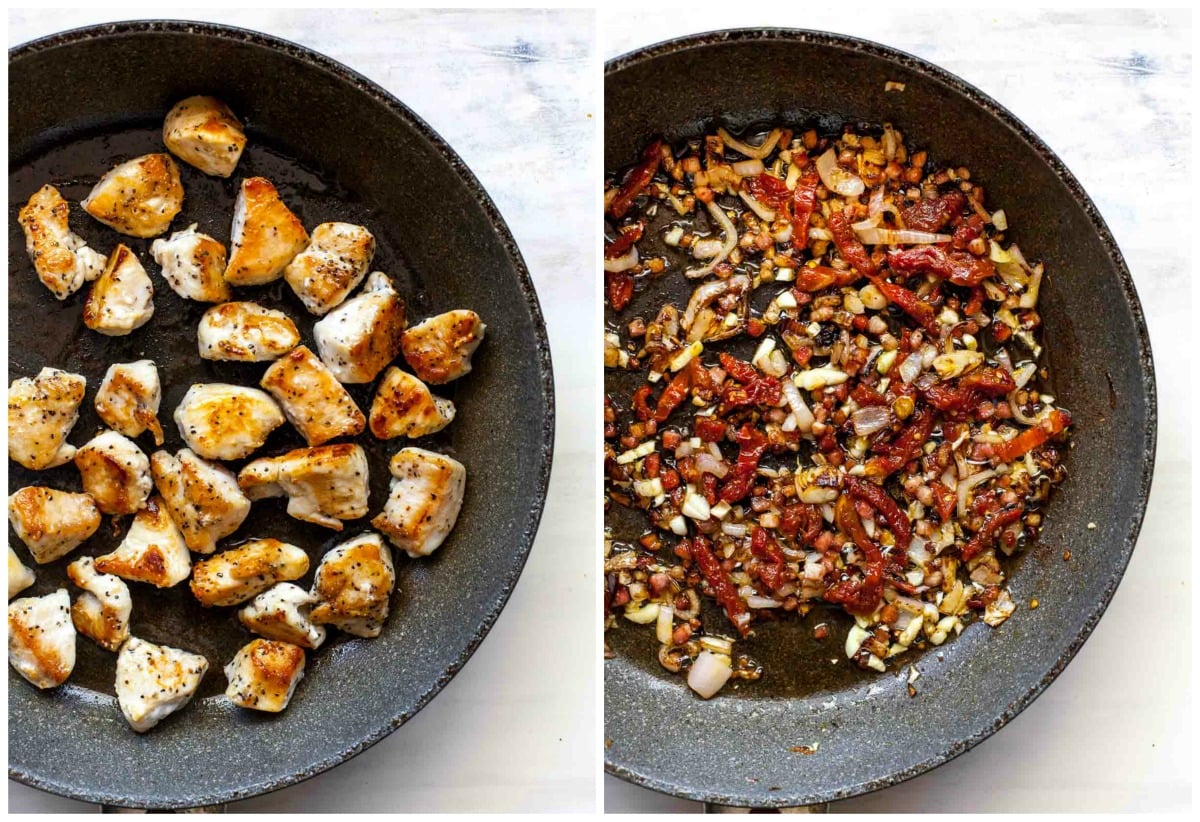 Sautéed chicken in a skillet next to sautéed pancetta and shallots in a skillet