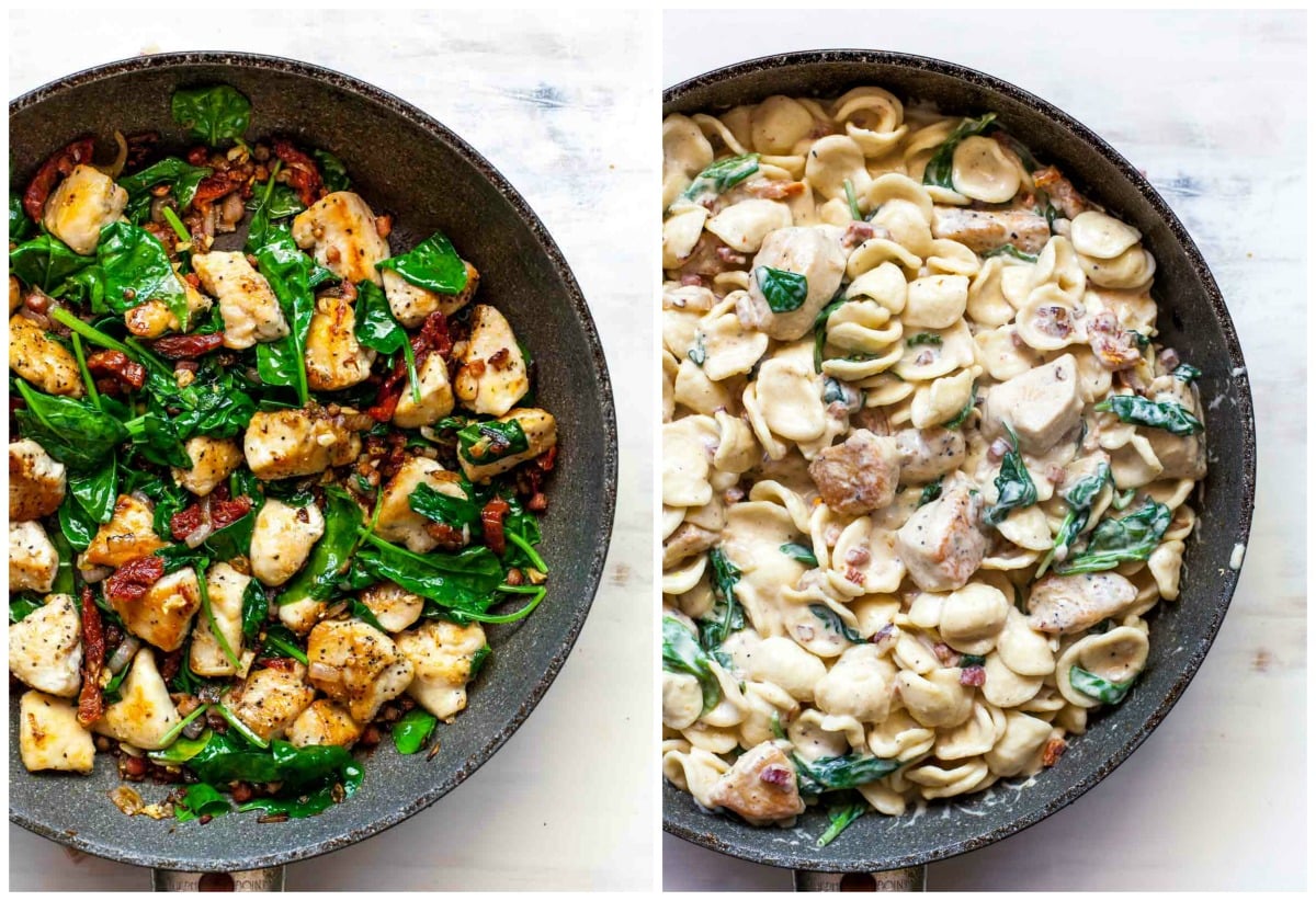 Chicken, spinach, and pancetta in a skillet with florentine sauce being added