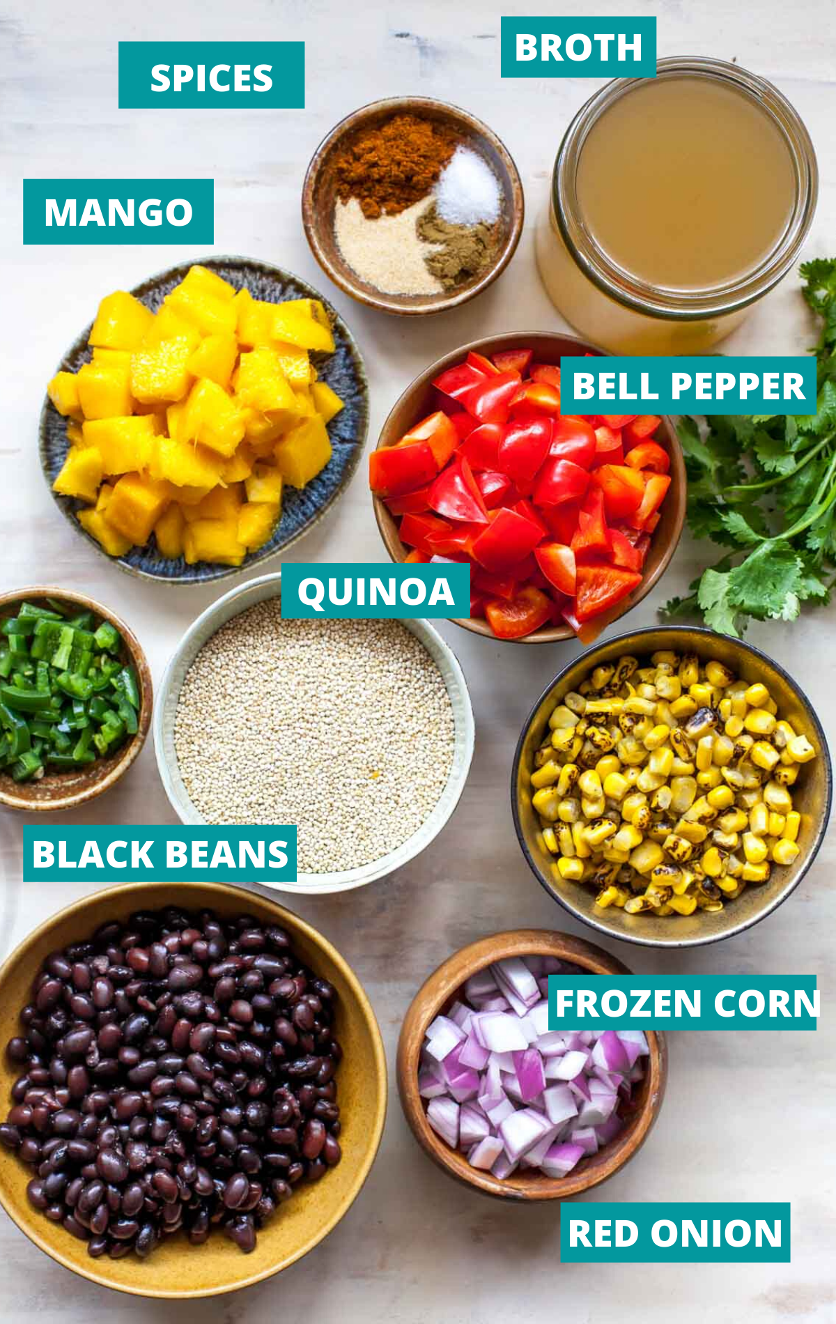 Ingredients in separate small bowls with labels