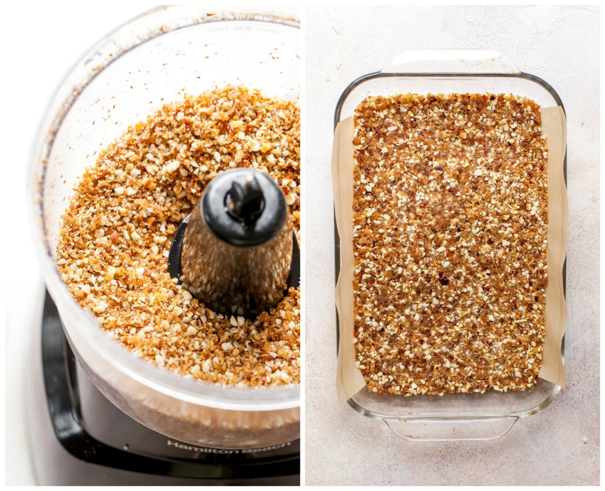 Cheesecake crust being pulsed in a food processor and pressed into a baking pan.