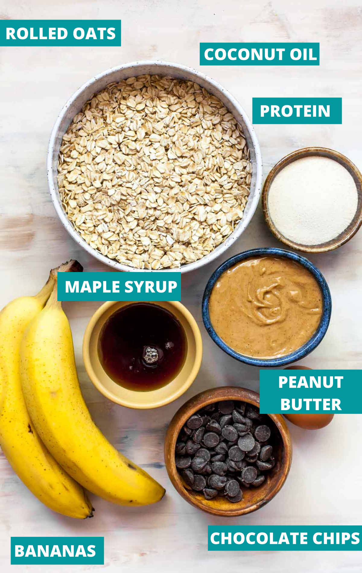 Recipe ingredients in separate bowls on a work surface with blue labels.