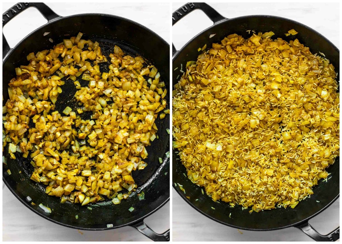 Sauteed onion in a large skillet with white rice being added in