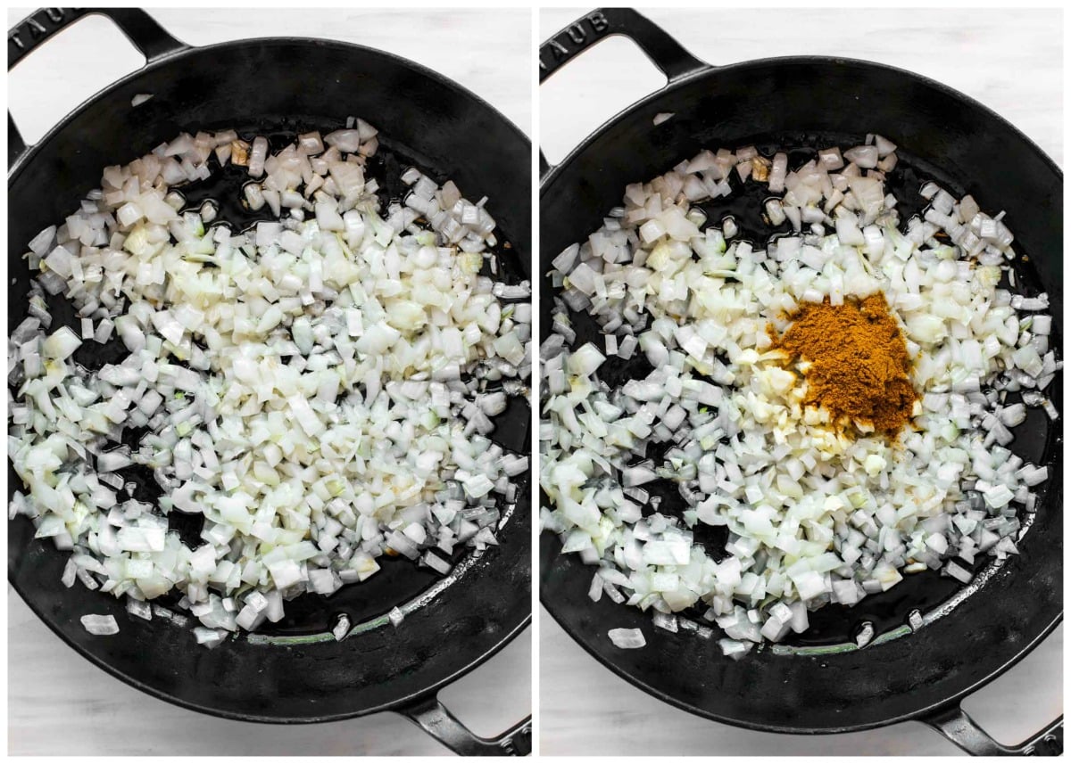 Chopped onion in a large skillet with garlic and curry powder being added