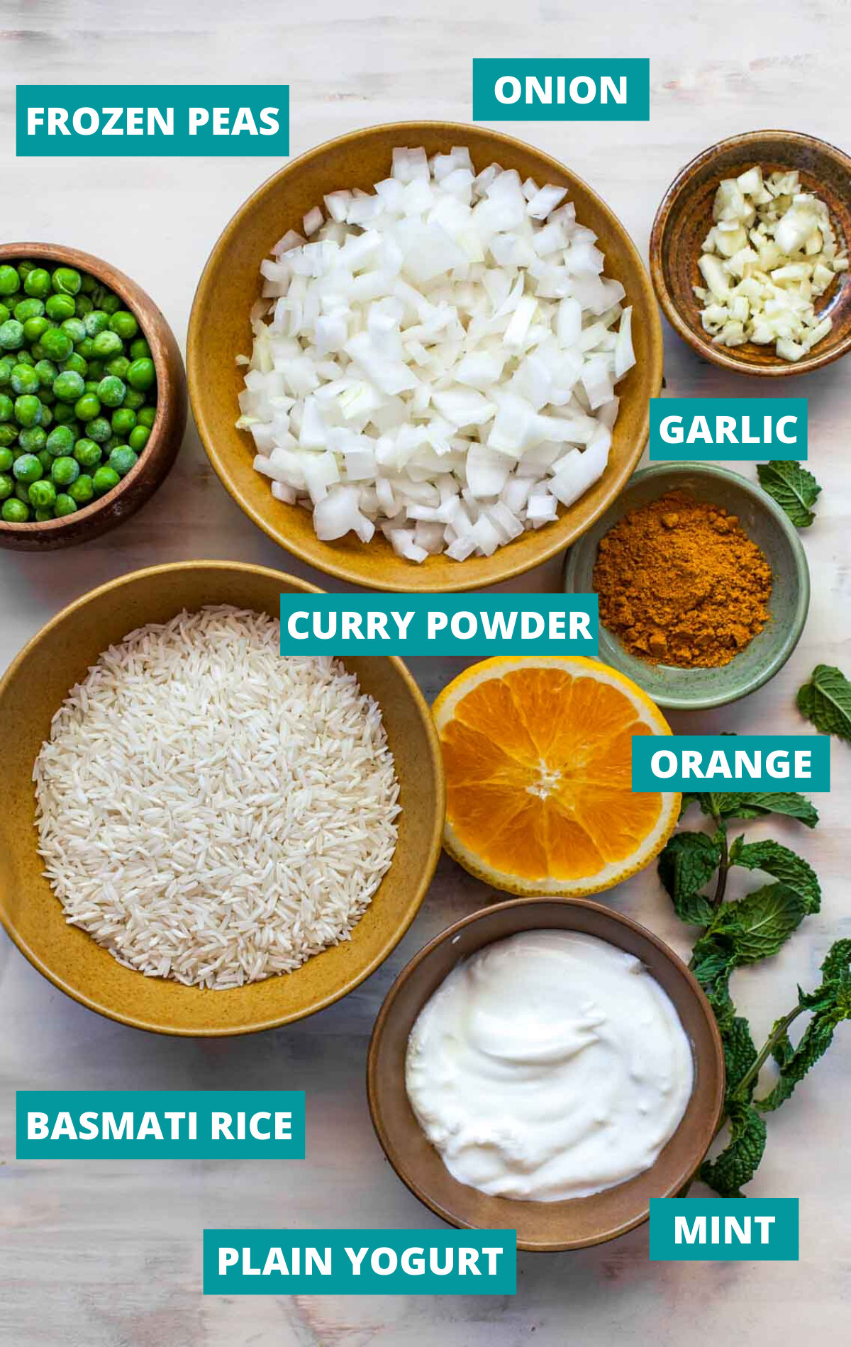 Rice, onion, yogurt, peas, and garlic in separate bowls on a tan board with ingredient labels