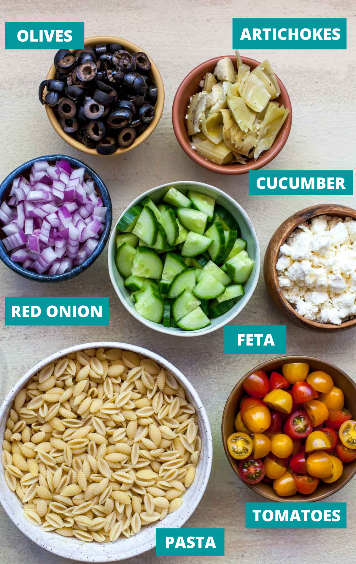 Recipe ingredients in separate bowls on a white work surface with labels.