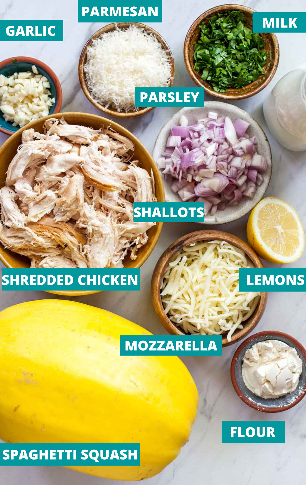 Recipe ingredients (including spaghetti squash, shredded chicken, cheese, parsley, and shallots) in separate bowls with ingredient labels