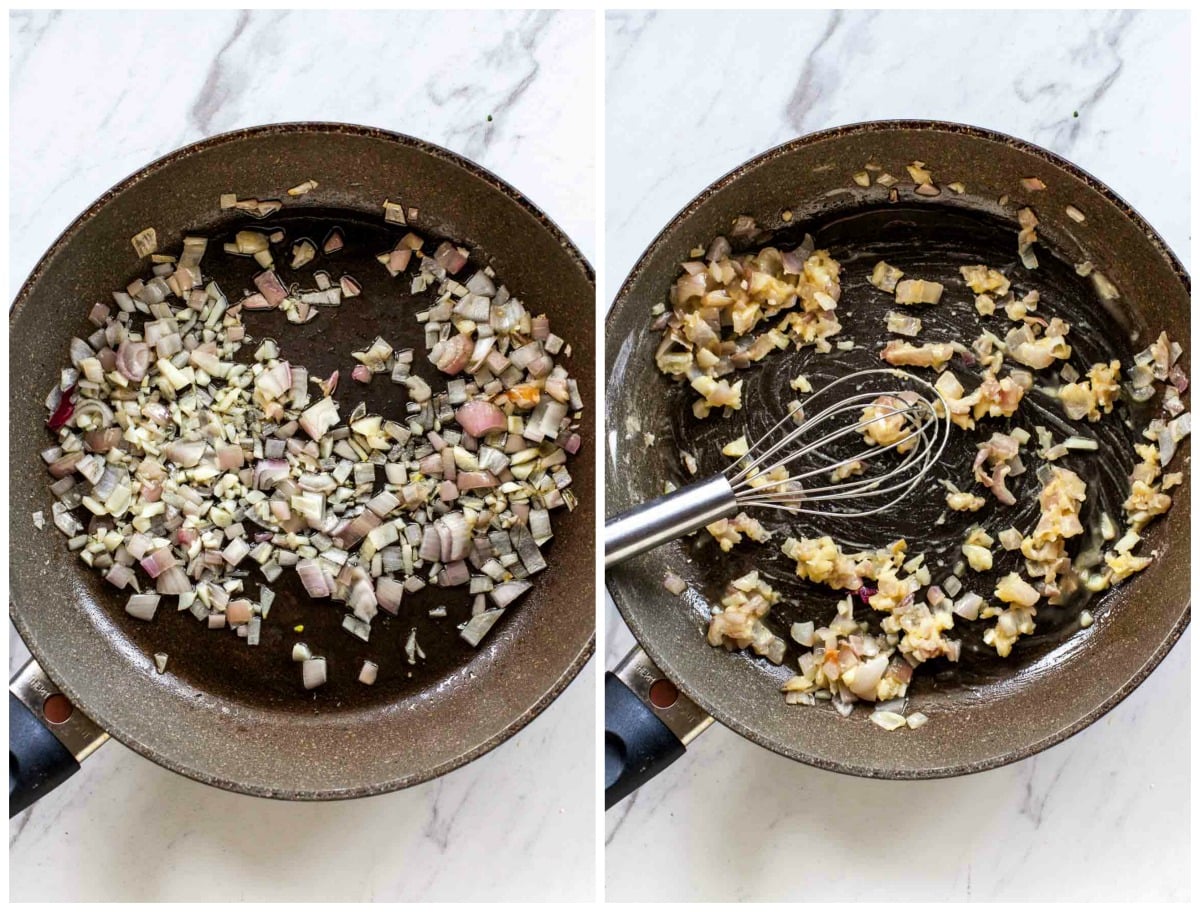 Shallots and garlic cooking in a skillet with flour being whisked in