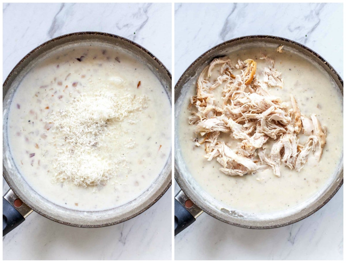 Parmesan cheese, milk, and shredded chicken being mixed in a skillet