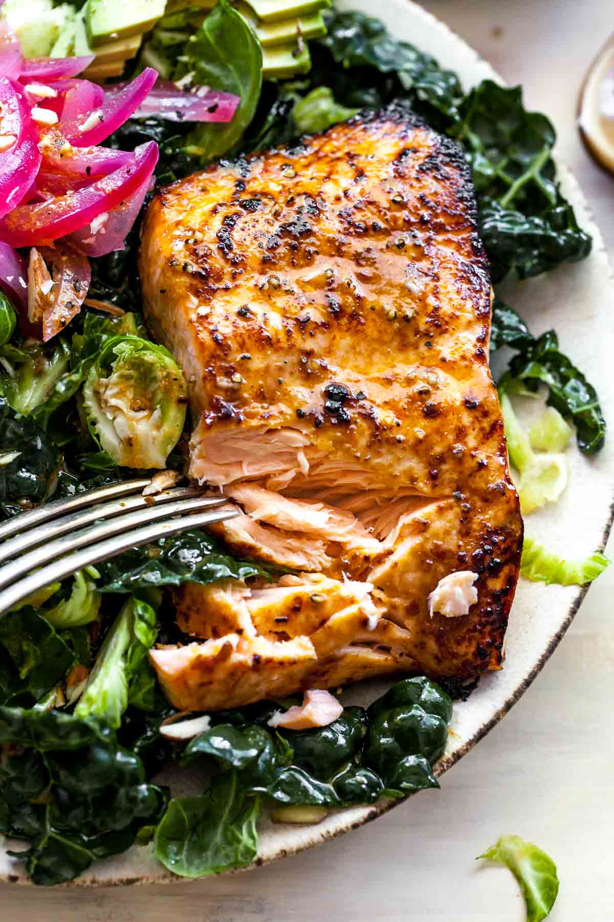 Salmon fillet being broke into flakes with a fork