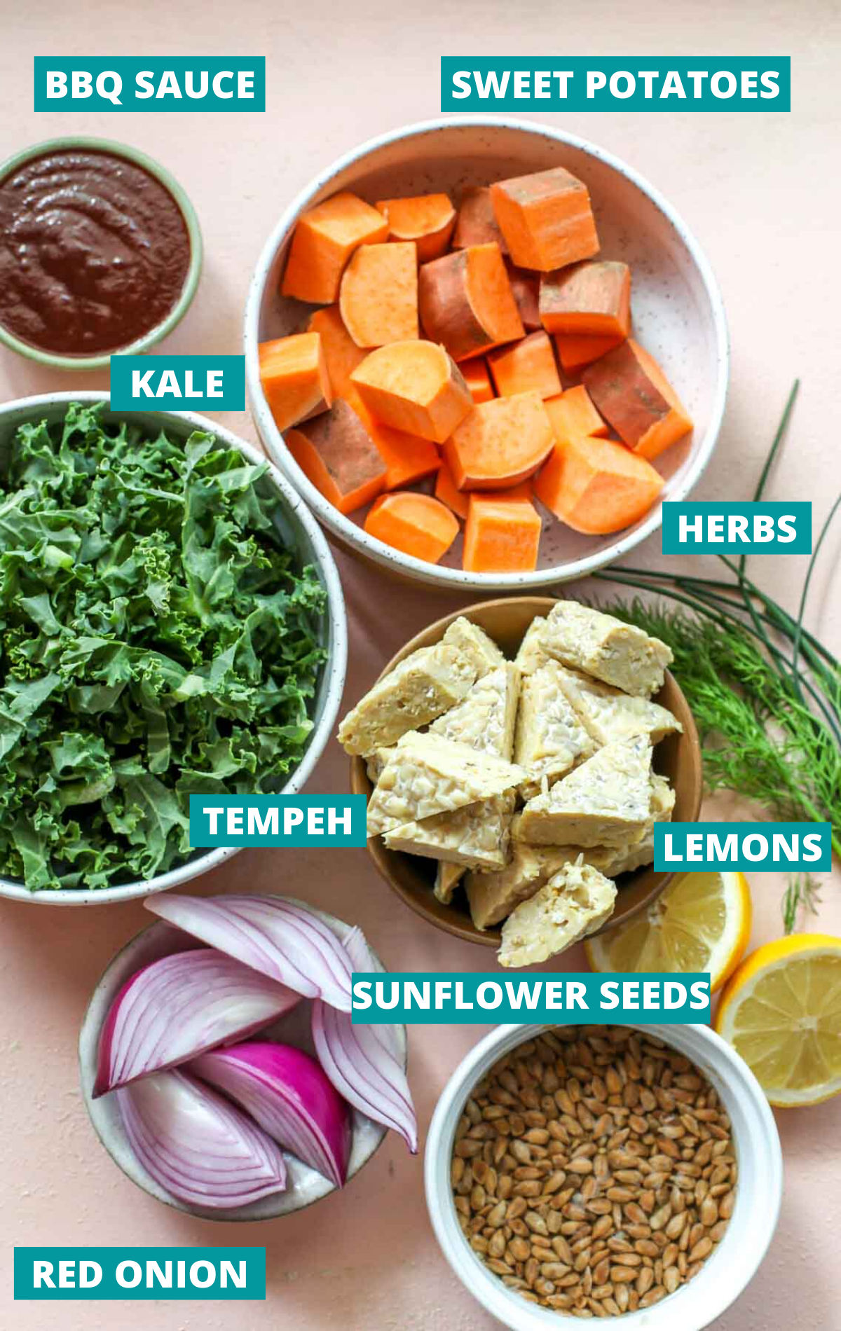 Kale, tempeh, sweet potatoes, and bbq sauce in separate small bowls with ingredient labels