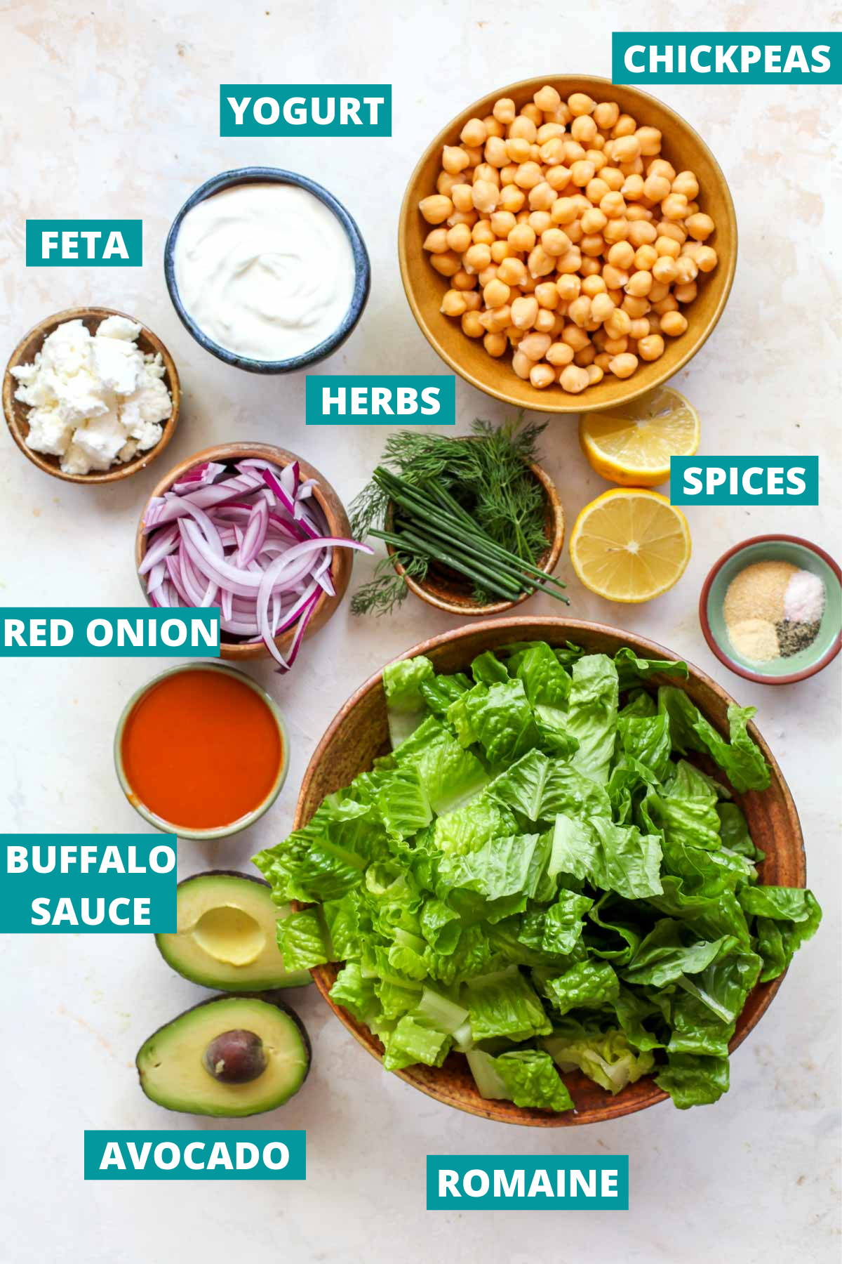 Chickpeas, lettuce, herbs, and avocado in separate bowls with blue ingredient labels