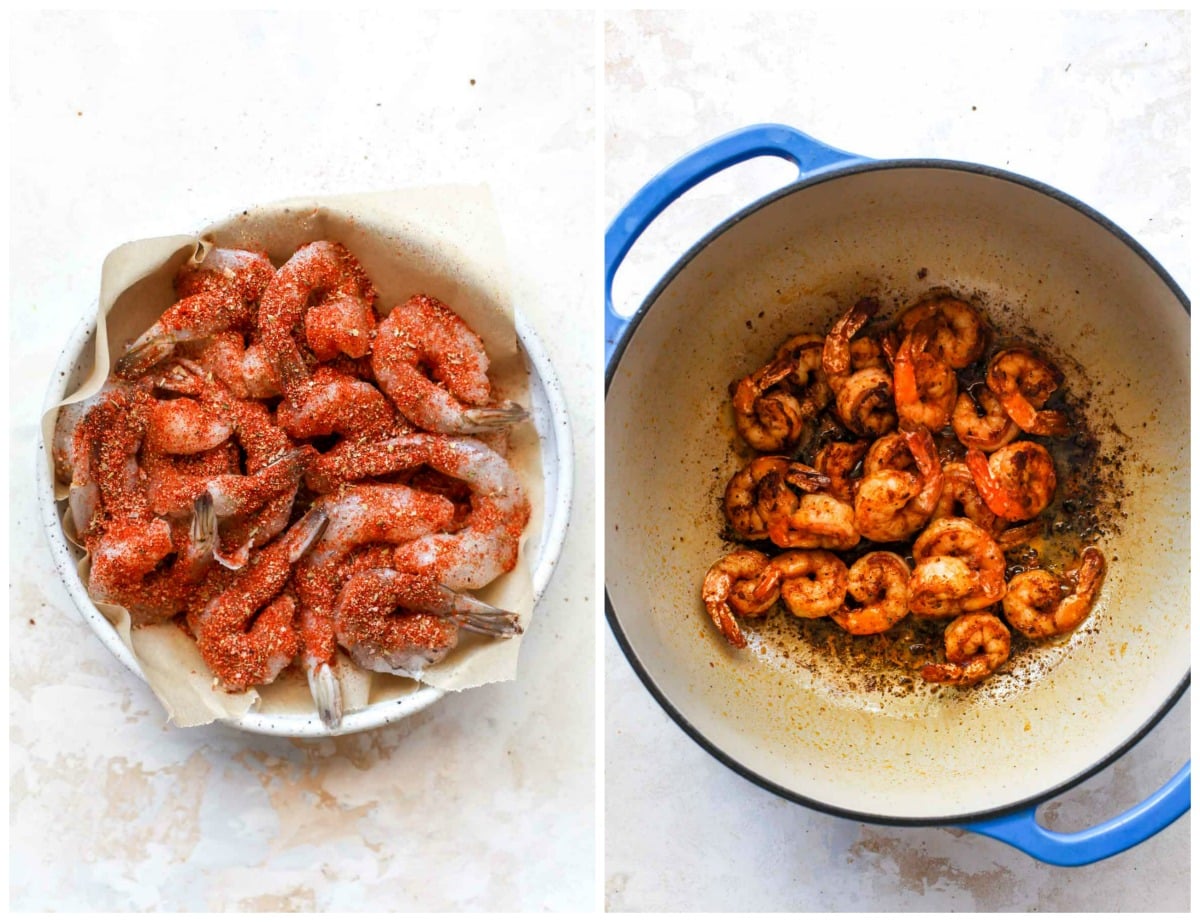 Shrimp covered in Cajun spices being simmered in a blue pot