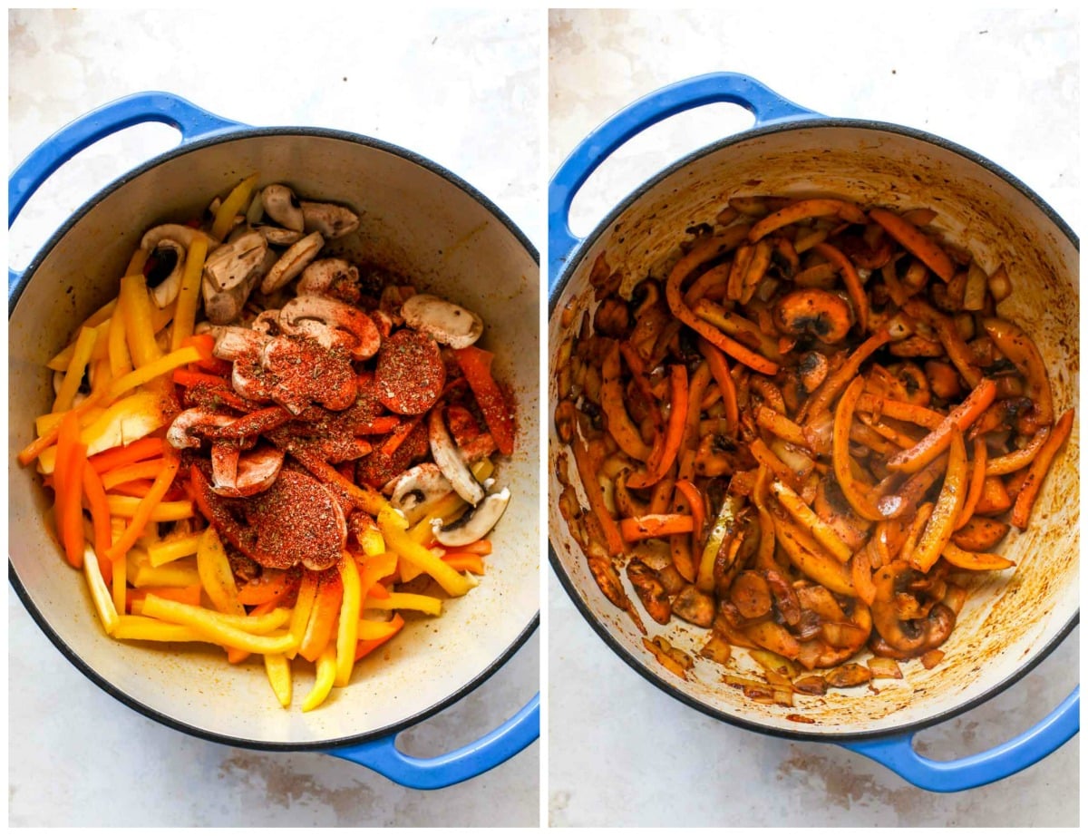 Peppers, onions, and mushrooms topped with Cajun seasoning sautéing in a blue pot