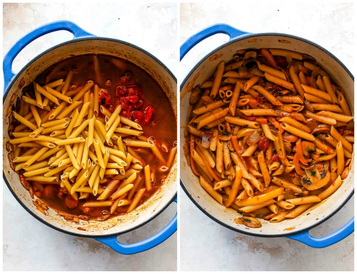 Pasta, tomatoes, and broth being added to a large blue pot