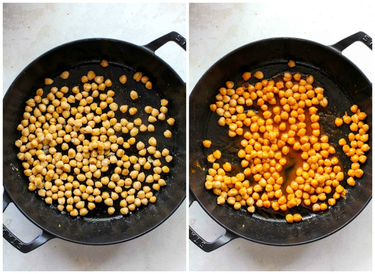 Chickpeas cooking in a large black skillet