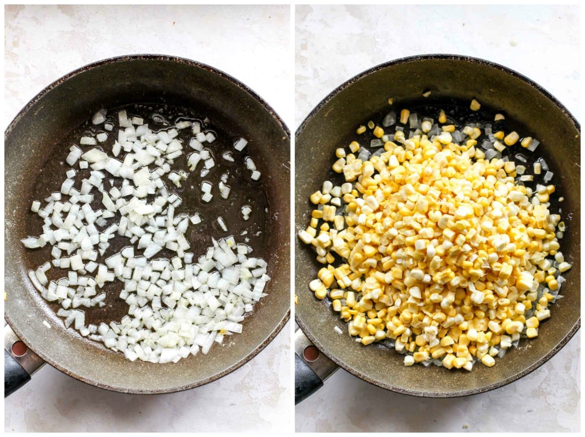 Black skillet cooking minced onion and corn kernels