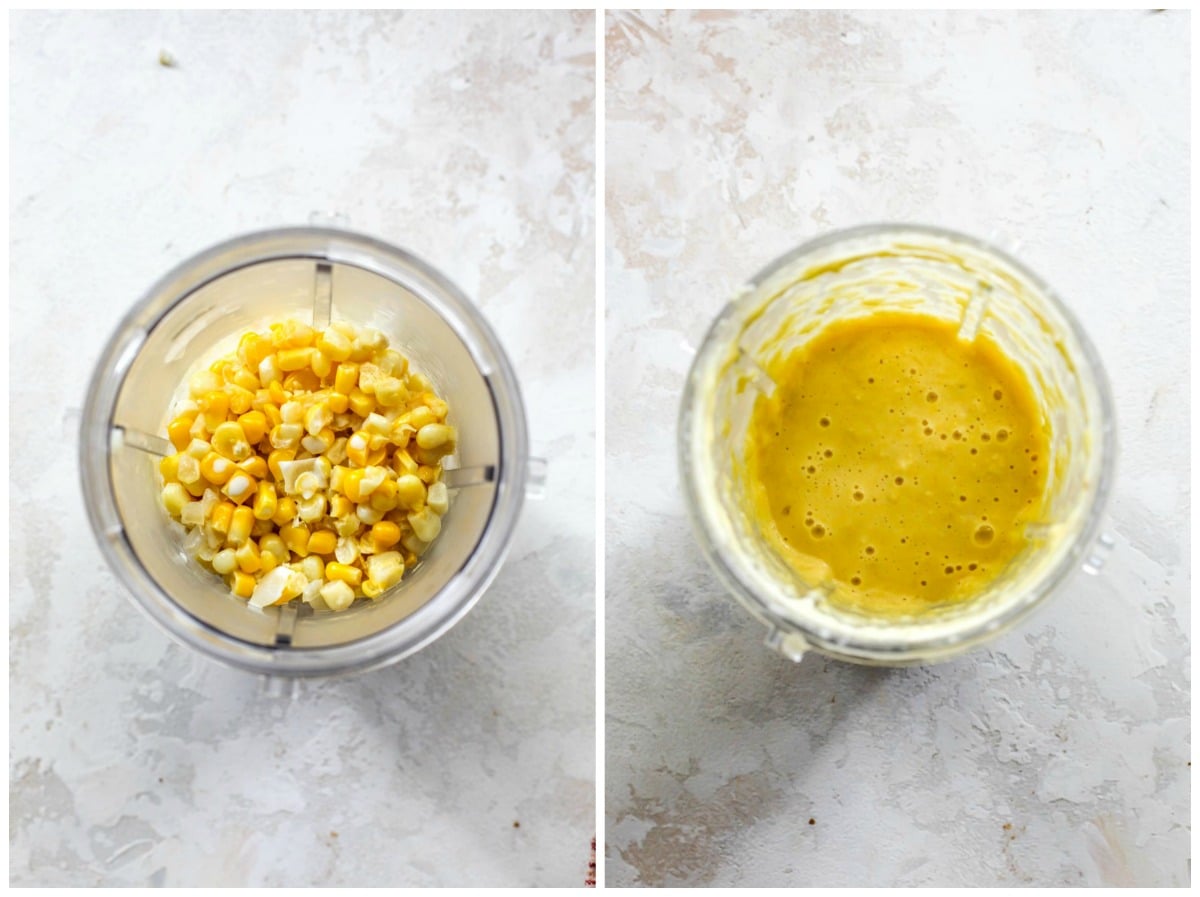 Mini blender filled with creamed corn mixture
