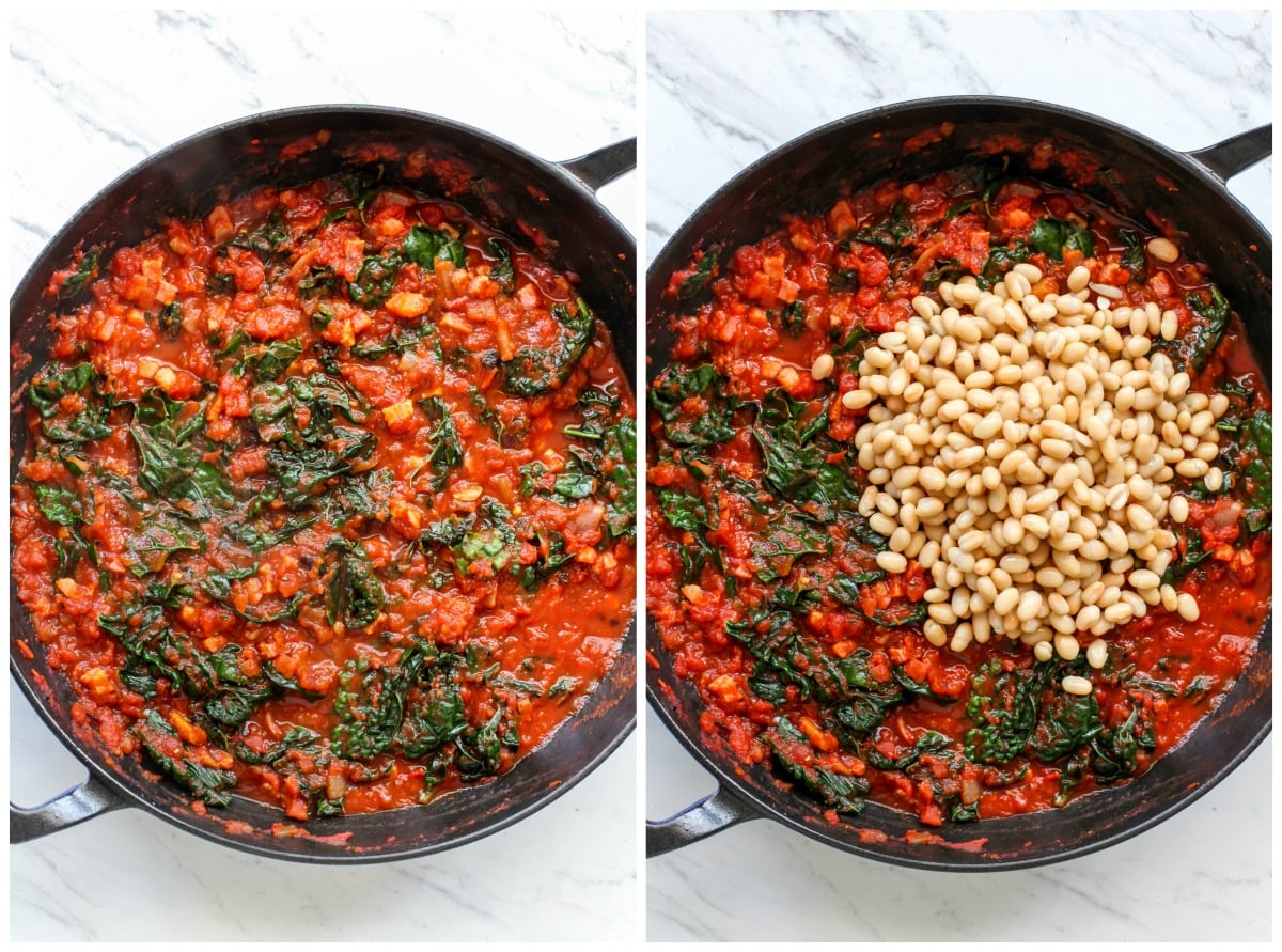 Black skillet filled with Pomodoro sauce with kale and white beans being stirred in