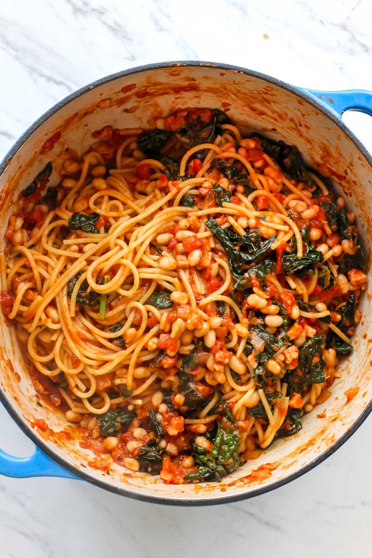 Blue Dutch oven filled with spaghetti pomodoro