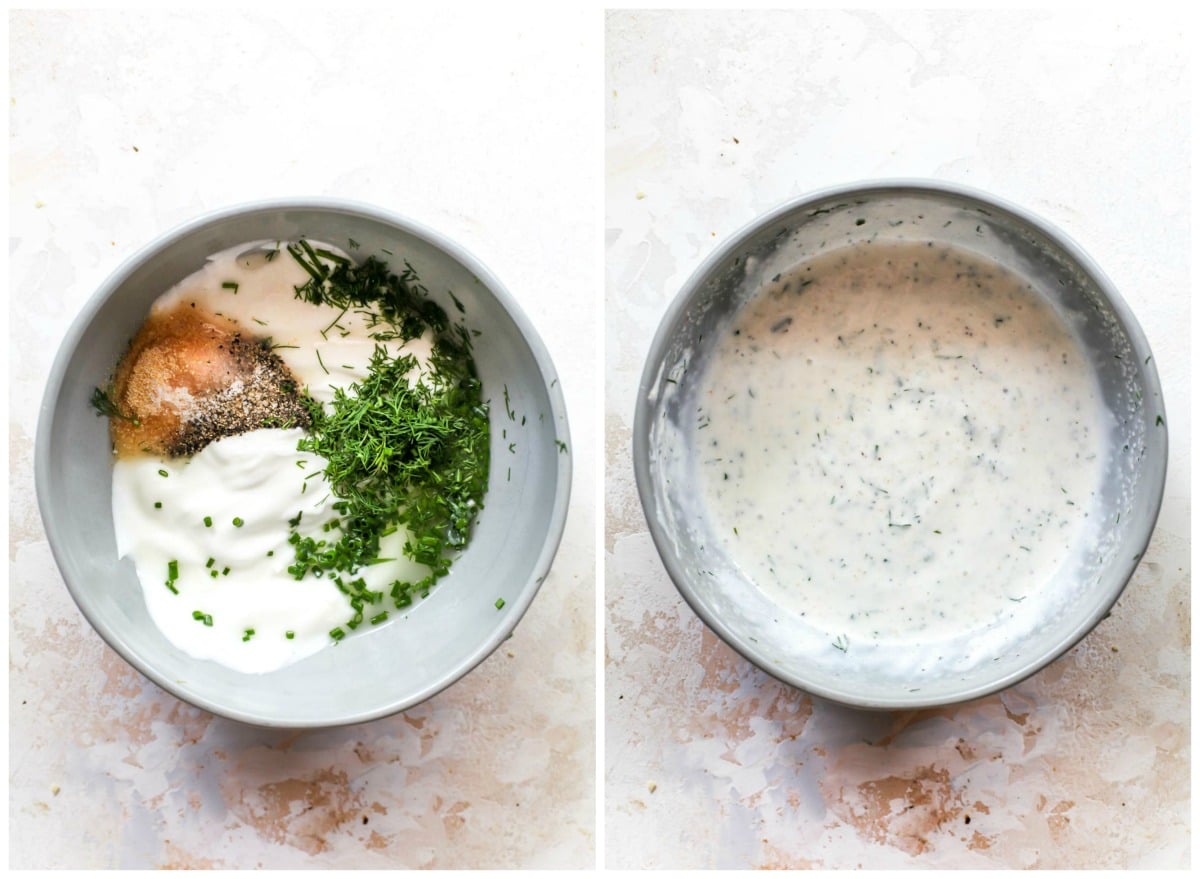 Yogurt ranch dressing being mixed in a grey bowl