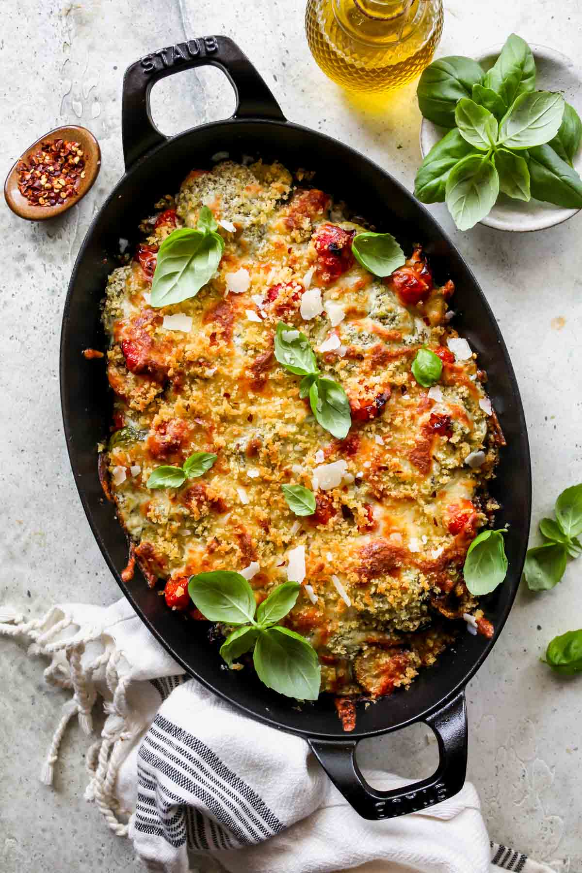 Eggplant Zucchini Lasagna in a black pan topped with panko