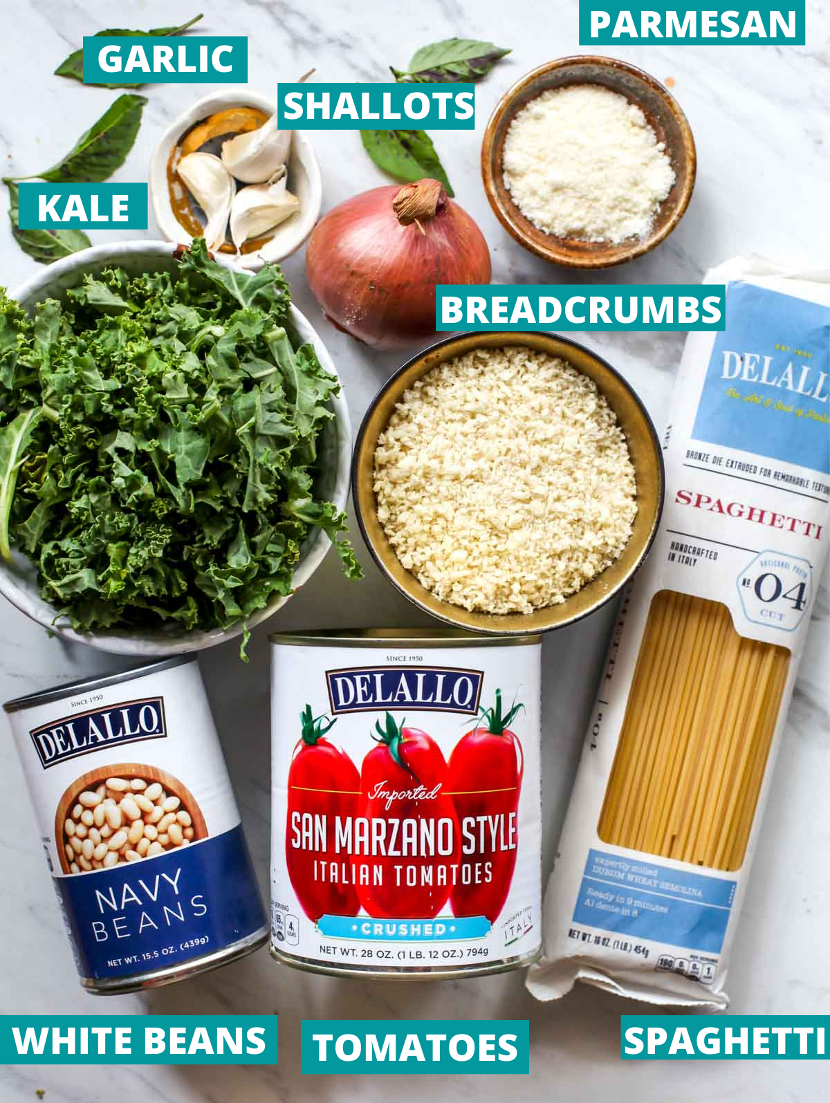 recipe ingredients including pasta, canned tomatoes, kale, and breadcrumbs in separate bowls with ingredient labels