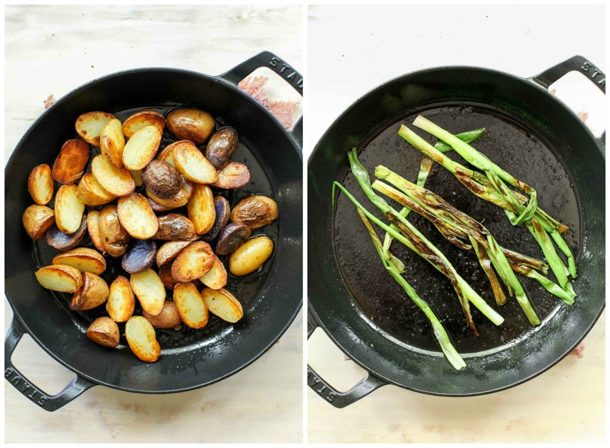 Seared potato halves in a skillet, and scallions being charred in a cast iron skillet.