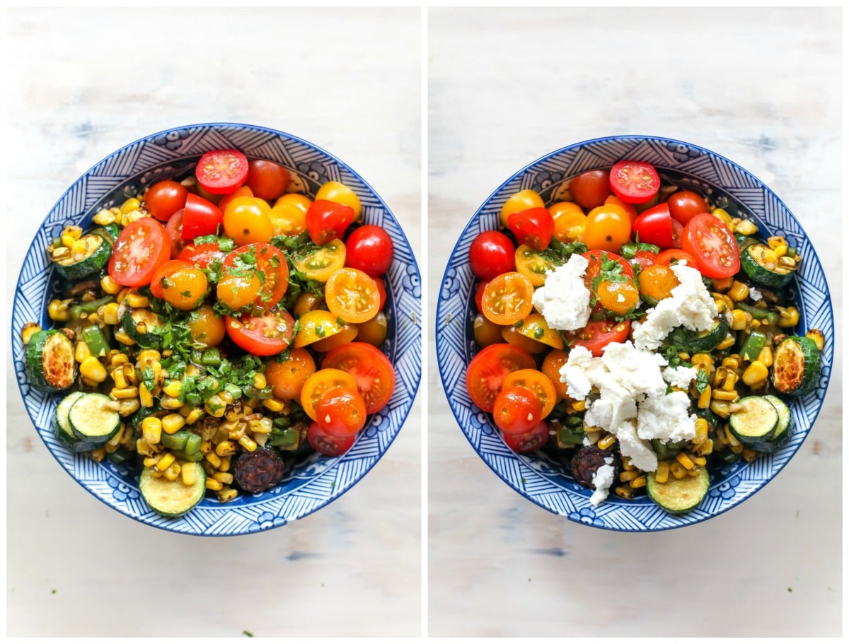 Tomato, corn, and zucchini salad being topped with feta cheese and dressing
