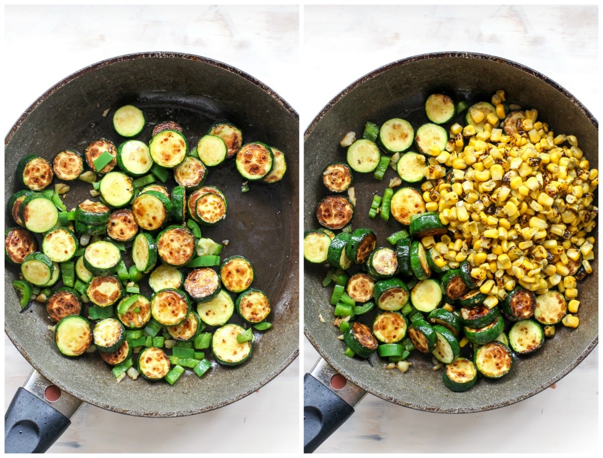 Zucchini, jalapeno, garlic, and corn cooking in a large black skillet