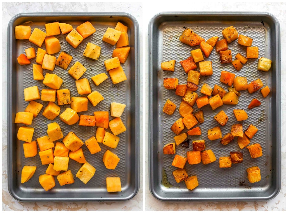 Cubed butternut squash roasted on a baking sheet