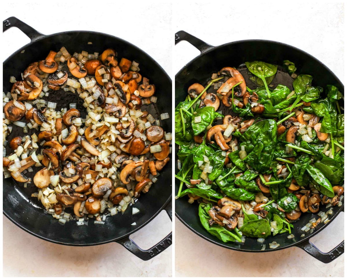 Mushrooms, onion, and spinach sautéing in a black skillet.