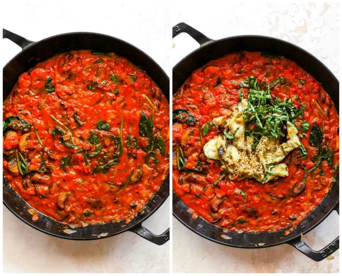 Black skillet filled with vegetables, tomato sauce, and eggplant flesh being mixed in.