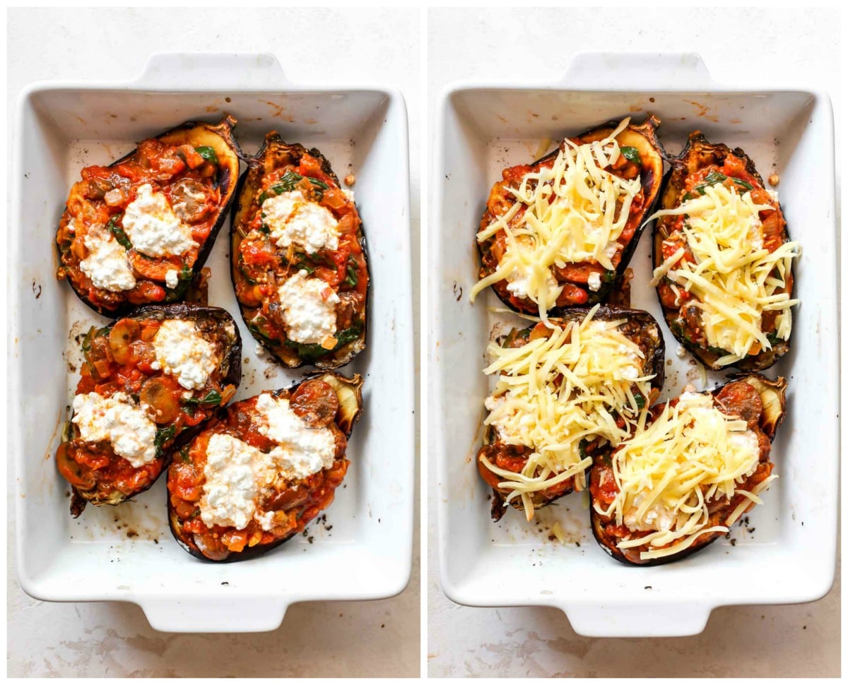 Eggplant halves in a white pan topped with mozzarella cheese.