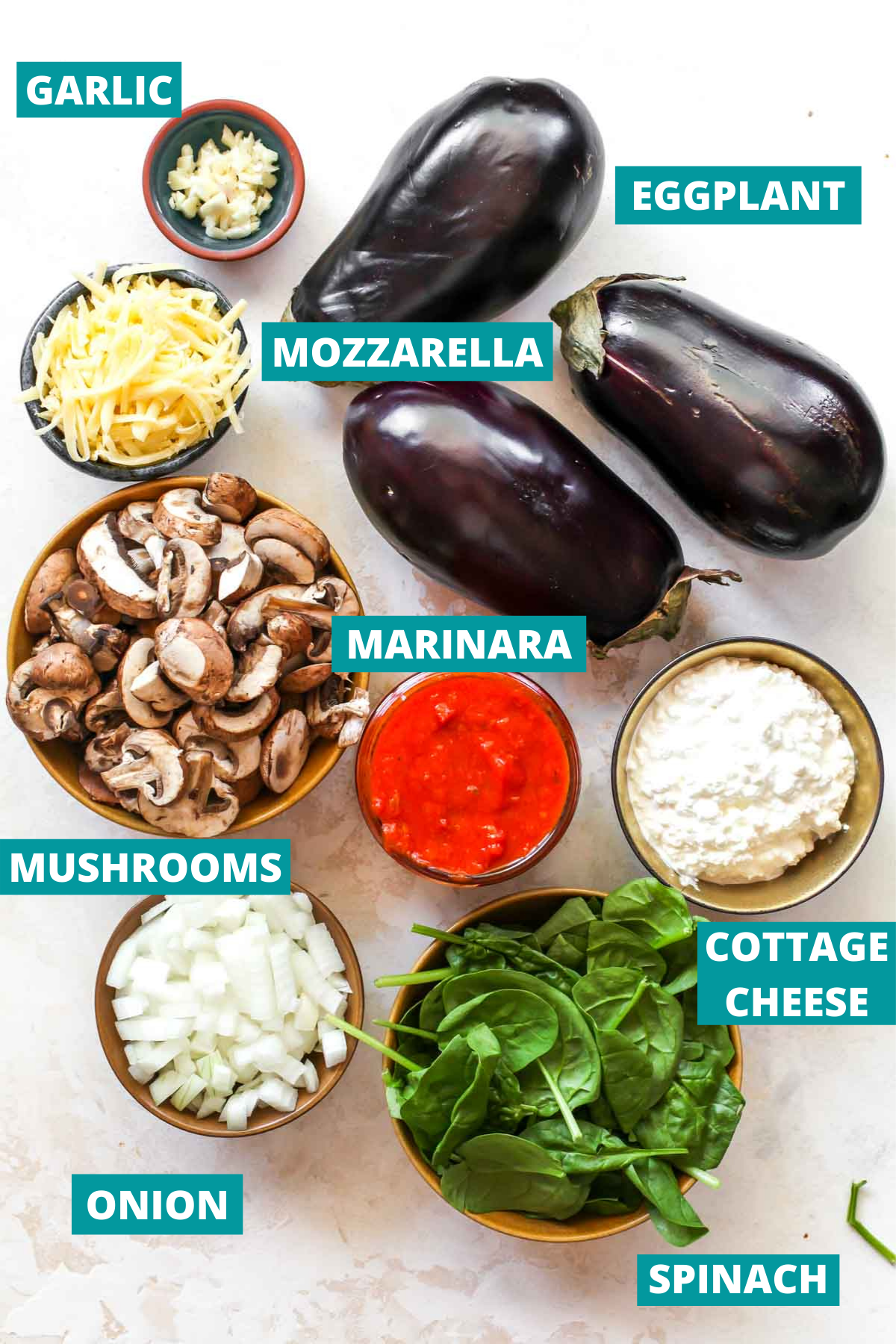 Ingredients in separate bowls with blue labels.