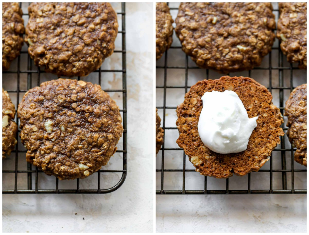 Oatmeal cookies on a cooling rack with a dollop of creme filling on top