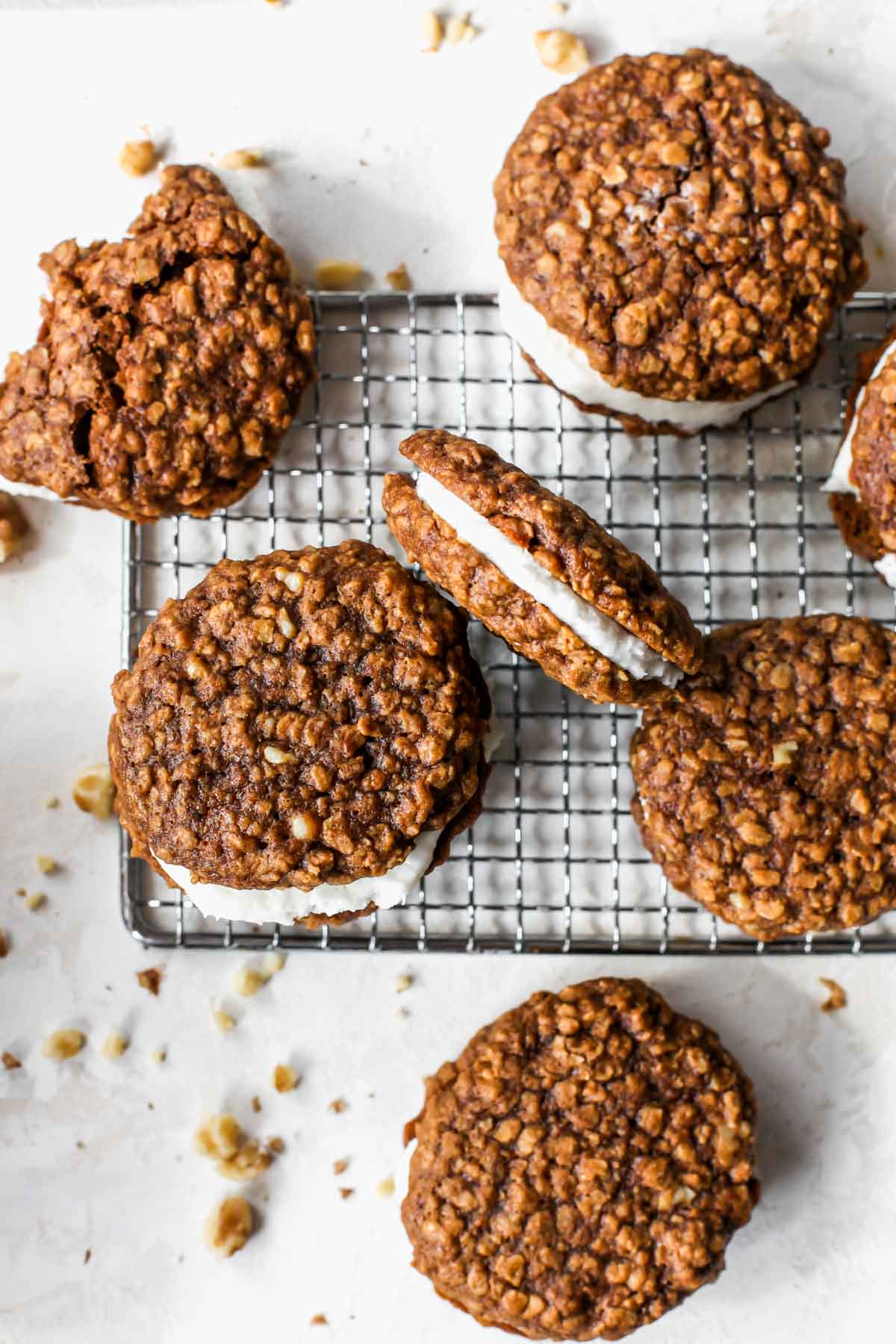 Oatmeal creme pies on a cooling rack