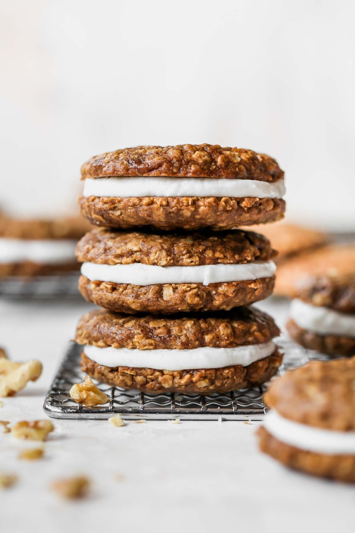 Three oatmeal creme pies stacked on top of each other