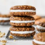 Three oatmeal creme pies stacked on top of each other
