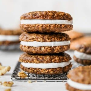 Three oatmeal creme pies stacked on top of each other